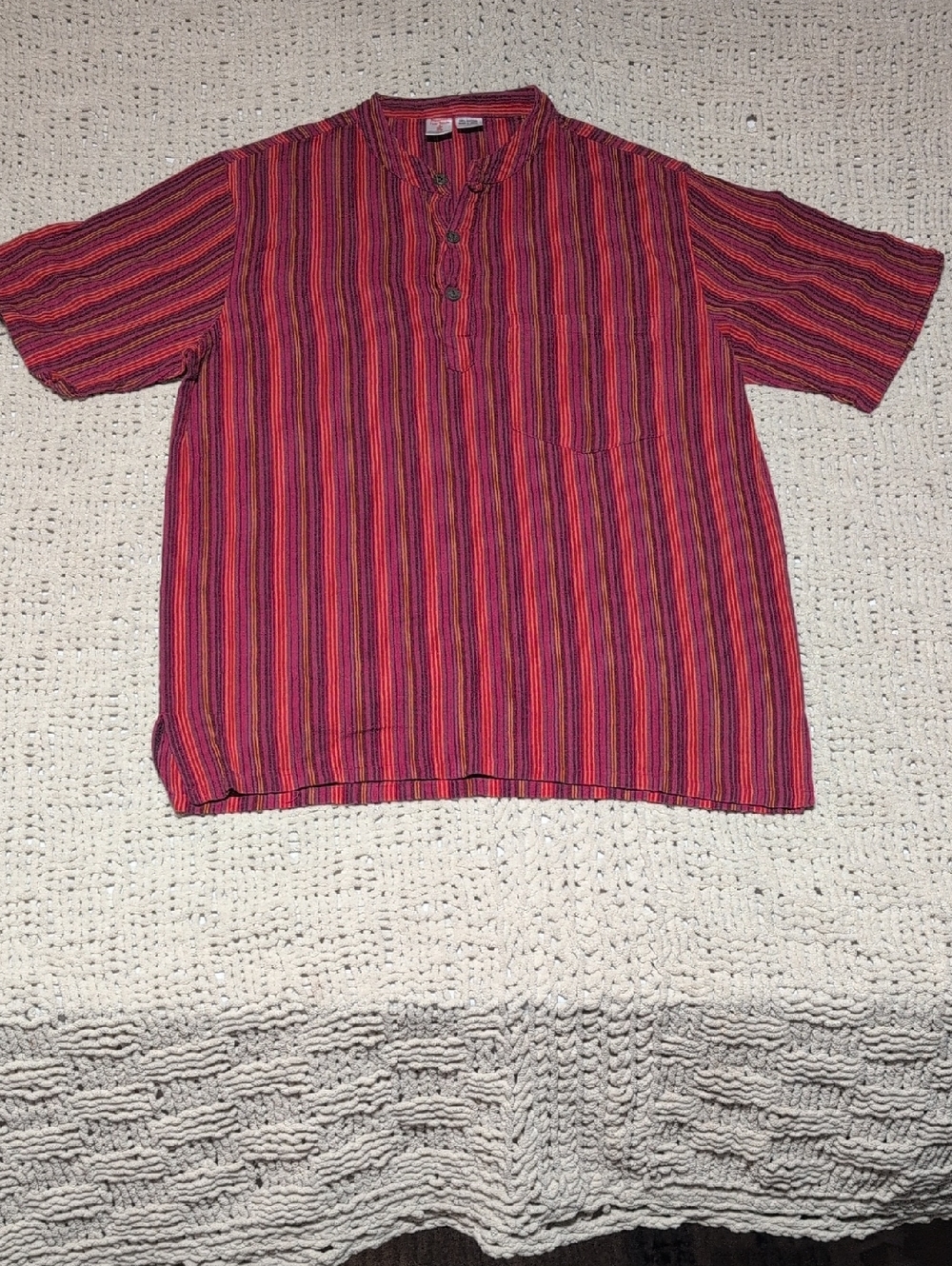 384- Namaste Fair Trade Men's Red Striped Short-Sleeve Shirt